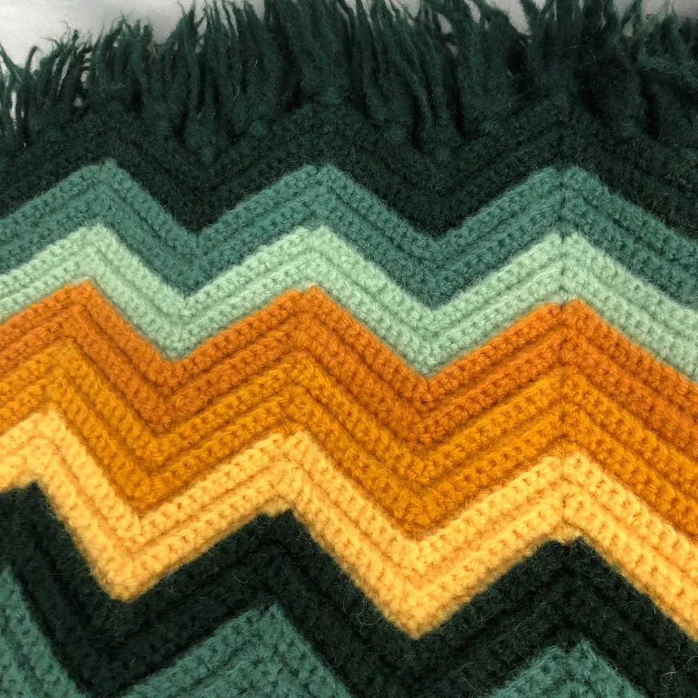 Chevron Patterned Afghan Fringe Blanket 70” x 50” Greens Golds